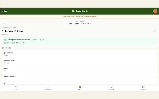 mise — Auto-fill Woolworths cart :: Fill your Woolworths cart from a mise weekly meal plan. Runs entirely in your browser — your credentials never leave your device.