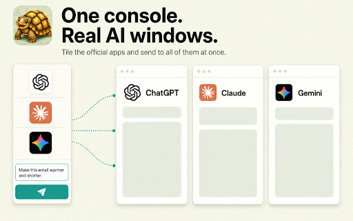 tata — Multi AI Chat Side by Side Compare Prompt, Split View Sidebar Boards :: Send one prompt to official AI chat sites. Compare real answers side by side in workbench, board or sidebar split view. No API keys.