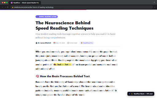 ReadFlow - Bionic Speed Reader Pro :: Read 2-3x faster: Bionic Reading, RSVP Speed Reader, Read Aloud, Reader Mode, focus tools, highlights and reading goals.
