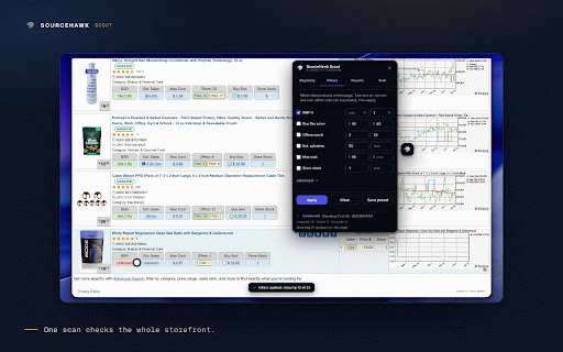 SourceHawk Scout: Eligibility Checker :: SellerAmp SAS overlay: per-product eligibility badges, live storefront filters, and a bulk ASIN eligibility checker.