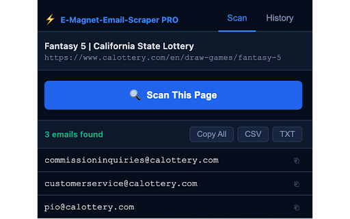 E-Magnet-Email-Scraper PRO :: Extract email addresses from any website, including linked pages. Copy, export, and track history.