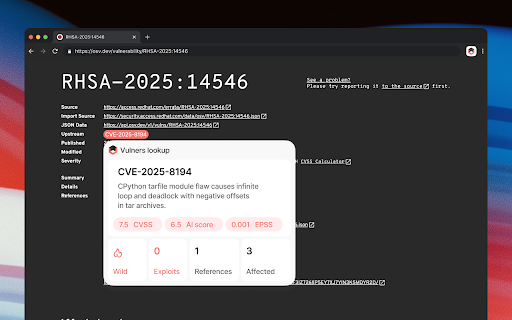Vulners Lookup :: Automatically detect and highlight CVE IDs on web pages with vulnerability information from Vulners.com