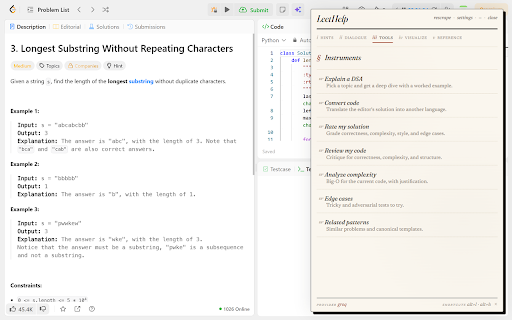 LeetHelp :: Progressive hints for LeetCode, Codeforces, HackerRank, AtCoder and CodeChef. Code rating and a 100-pattern DSA reference.