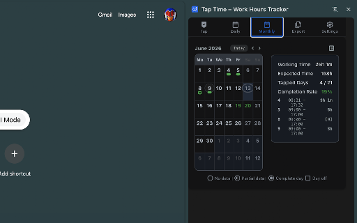Tap Time – Work Hours Tracker :: Track work hours with one tap. Daily logs, calendar view, export reports. Zero signup — your data stays private & local. Free.