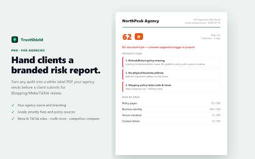 TrustShield — Ad Suspension Risk Audit :: Audit your store for the trust-signal gaps that get Google/Meta/TikTok ad accounts suspended — see what to fix first. 100% local.