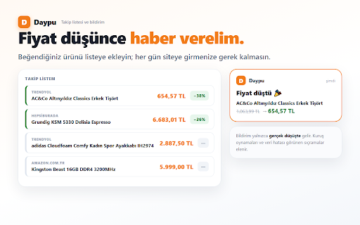 Fiyat Karşılaştırma Eklentisi — Daypu :: "İndirim" gerçek mi? Trendyol, Hepsiburada ve Amazon'da ürünün fiyat geçmişini ve diğer mağazadaki fiyatını sayfada gösterir.