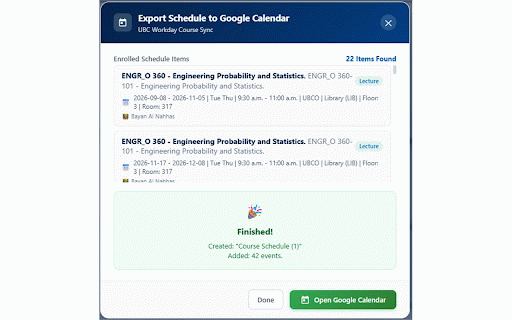 UBC Workday Calendar :: Automatically export your UBC Workday course schedule to Google Calendar with one click.