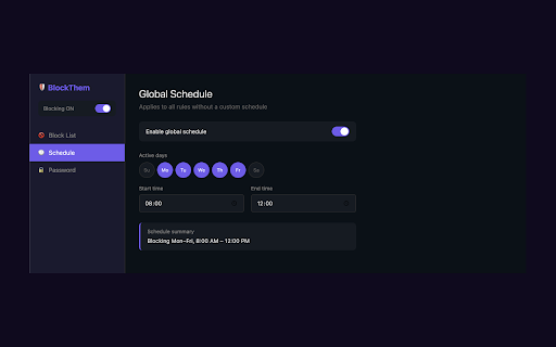 BlockThem :: Block distracting websites with URL/regex rules and scheduling