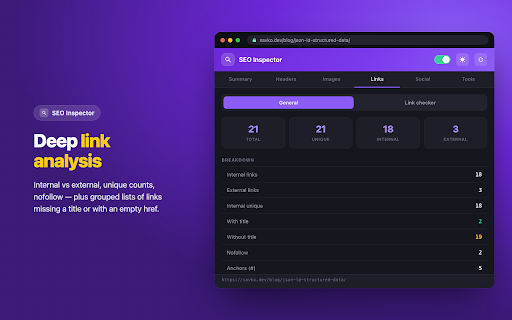 SEO Page Inspector — Meta Tags, Headings & Schema Audit :: On-page SEO audit in one click: title, meta, headings, canonical, hreflang, Open Graph and schema. No account, no telemetry.