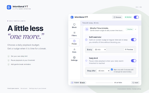 Intentional YT - Block YouTube Shorts, Recommendations & Set Time Limits :: Hide YouTube Shorts and recommendations, set daily watch time limits, and block distracting channels.