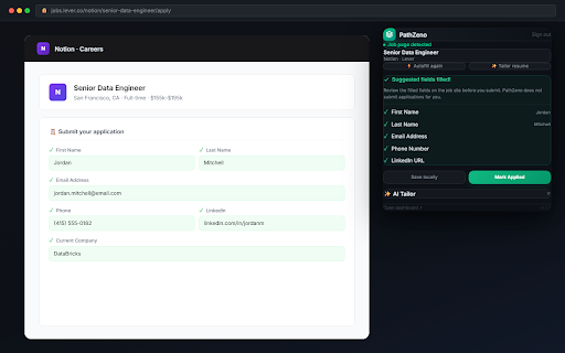 PathZeno :: Create tailored resume and job form suggestions you review before using. PathZeno never submits applications for you.