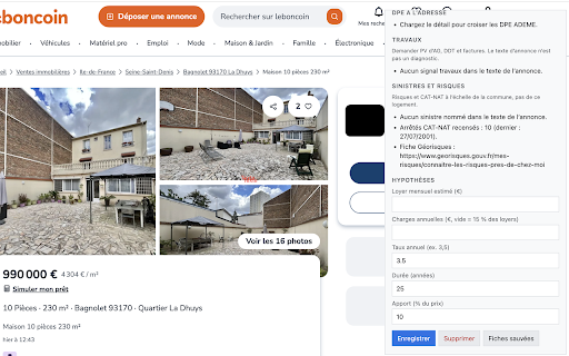 Vasistas :: Analyse locale d’une fiche de vente : prix au m², frais d’acquisition, DPE, ventes du secteur.