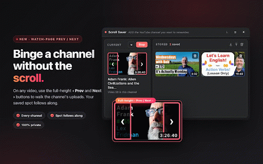 Youtube Scroll Saver :: Save your spot on any YouTube channel. Reopen it and jump straight back to the last video or Short you watched.