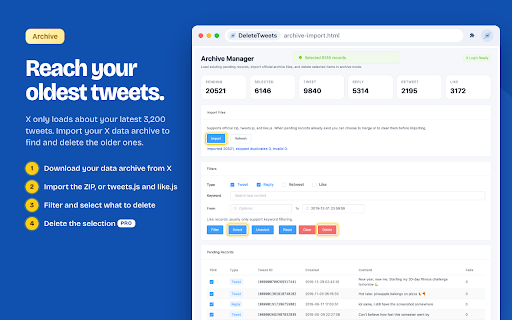 DeleteTweets- Bulk Delete Tweets :: Bulk delete tweets, replies and reposts, or remove likes on X (Twitter). Filter tweets by date and keywords.