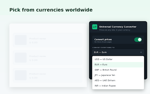 Universal Currency Converter — Prices in Your Currency :: Automatically converts prices on any website to your home currency, using live exchange rates.