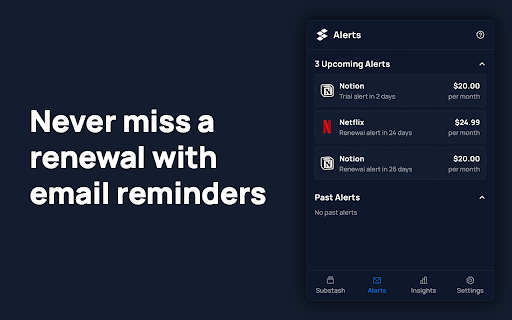 Substash: Free Subscription Tracker :: Manage subscriptions from where you're most: your browser. For personal and for work. From Netflix to Notion.