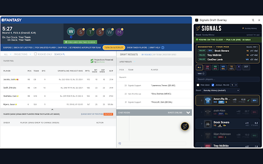 Signals Draft Overlay :: Your Signals draft board, live beside your Sleeper, ESPN, CBS, Fleaflicker or Yahoo draft room — picks strike off as they happen.