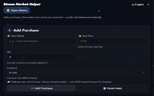 Steam Market Helper :: Steam trade tracking: profit, fee, and margin calculations. Bulk selling, notes, charts, and dark and light theme.