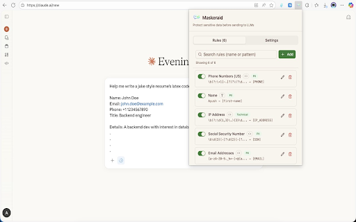 Maskeraid – Detect & Mask data before sending to LLMs :: Maskeraid - Detect, mask and sanitize your data before sending to LLMs by applying custom string/regex replacement rules