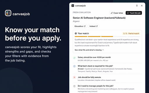 AI Job Filter & Tracker for LinkedIn – canvasjob :: Filter LinkedIn jobs with your own criteria. Get pass/fail/unknown answers with evidence, then track promising roles.