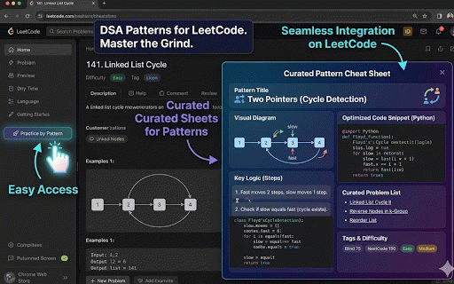 DSA Patterns for LeetCode :: Socratic hints, algo pattern cheat sheets, and company question filters for LeetCode. Works offline.