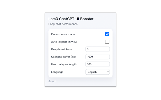 Lam3 ChatGPT UI Booster :: Reduce ChatGPT lag on long conversations by collapsing offscreen turns.