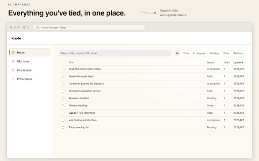 Knote :: Your thoughts, waiting where you left them. Tie a note to any link, and it surfaces the moment you're back on that page.