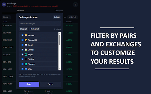 ArbiGap: Best Crypto Arbitrage Opportunities & Crypto Spread Broker Scanner :: Live price comparison across exchange plateforms. Flags the tightest spread and biggest cross-exchange gaps in real time.