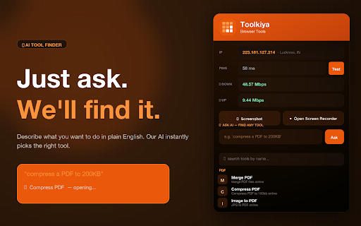 Toolkiya Browser Tools :: Quick access to browser tools — PDF, image, QR code, AI tools, developer utilities, IP checker and speed test. No signup needed.