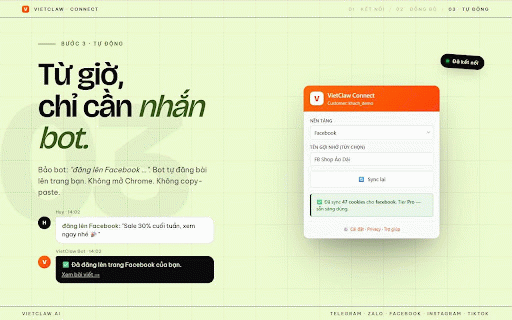 VietClaw Connect :: Đồng bộ tài khoản mạng xã hội của bạn với trợ lý ảo VietClaw để tự động đăng bài và trả lời tin nhắn.