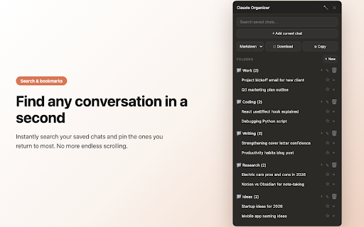Claude Organizer: Folders, Search & Export for Claude AI :: Add folders, search, bookmarks and chat export to Claude.ai. Organize, find and save your Claude AI conversations in one click.