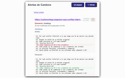 Haki - Website Change Monitor :: Monitorea las URLs clave de tu sitio web (o cualquier otro). Detecta y notifica cambios en su contenido y/o estructura al instante.