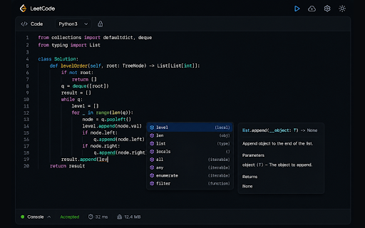 LeetSense: VS Code-like Autocomplete & IntelliSense for LeetCode :: LeetCode autocomplete and IntelliSense for Python, C++, JavaScript, and TypeScript.