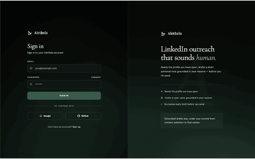 Aletheia - Review-First Professional Drafts :: Draft professional introductions and application answers from context you choose. Review and edit every result before use.