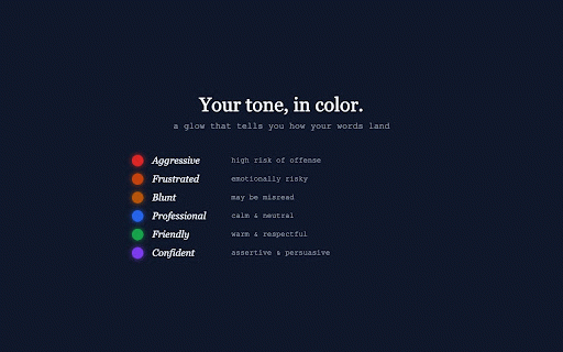 ToneHue — Mood Ring for Your Writing :: Real-time tone detection that glows around your text box so you know how your words land before you hit send.