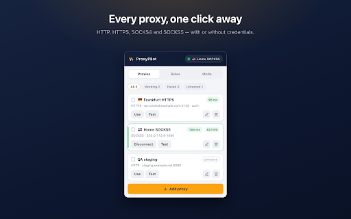 Proxy Switcher & Manager – ProxyPilot :: Proxy switcher for Chrome with HTTP, HTTPS, SOCKS4 & SOCKS5, one-click switching, per-site rules, bulk import and proxy testing.