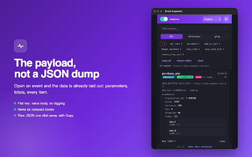 Event Inspector — DataLayer & GA4 Ecommerce Debugger :: See every dataLayer and GA4 ecommerce event as it fires — purchase, add_to_cart, begin_checkout — with full payloads and warnings.