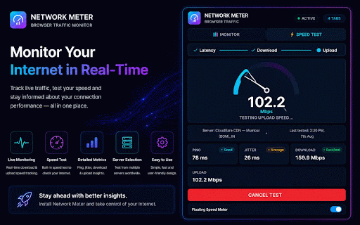 Network Meter — Speed Test & Monitor :: Test download, upload, ping & jitter, or monitor browser traffic in real time.