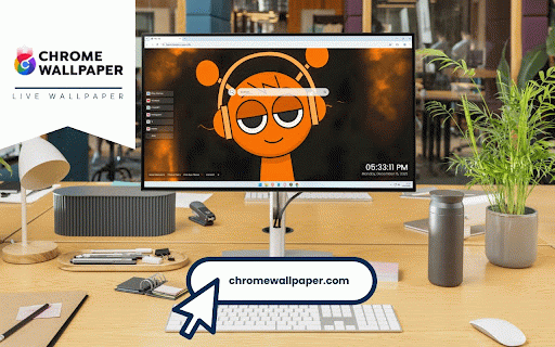 Incredibox Sprunki Oren Black Live Wallpaper :: Orange cartoon character with glowing headphones and half-closed eyes on dark backdrop.