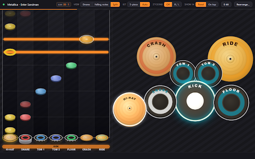Drum Visualizer for Songsterr :: See Songsterr drum tabs as a live drum kit or falling notes - in sync with playback, showing which drum to hit.