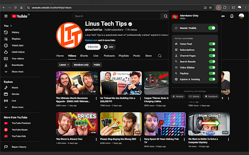 Youtube Members-Only Video Hider :: Intercepts and completely scrubs members-only video payloads natively. Ultra-fast and lightweight.