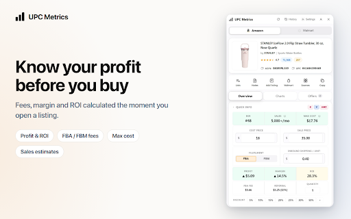 UPC Metrics — Amazon & Walmart Sourcing :: Amazon + Walmart sourcing analysis: profit calc, price history, BSR tracking, seller intelligence, UPC cross-matching.
