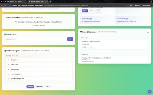 Memory Lane - Time Travel Through Your Browser History :: See what you were browsing 1-12 months ago every time you open a new tab. Save your favorite memories and revisit them later.