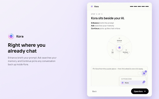 Kora for Chrome :: One memory for every AI. Kora captures your ChatGPT, Claude, Gemini, Perplexity & Manus chats so you can search and continue them.