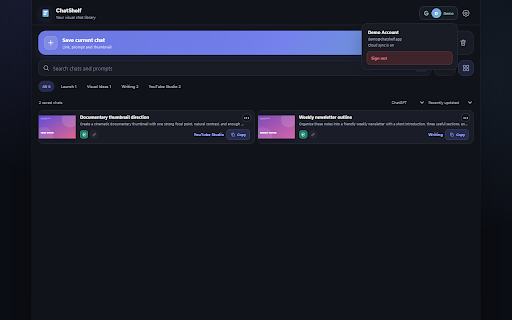 ChatShelf for AI Chats :: Save AI chats, prompts, links, URLs, and visual thumbnails in a calm Chrome sidebar.