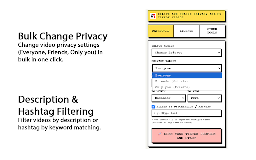 Delete and Change Privacy All My Tiktok Videos :: Bulk delete your TikTok videos or change their privacy settings (Everyone, Friends, Only you) automatically in one click.