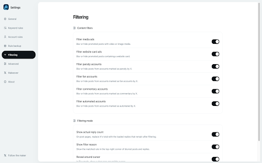 BlueNoise - Make X readable again :: Make X readable: locally blur or hide noisy replies, timeline posts, and ads; optional page cleanups; no cookies or account changes.