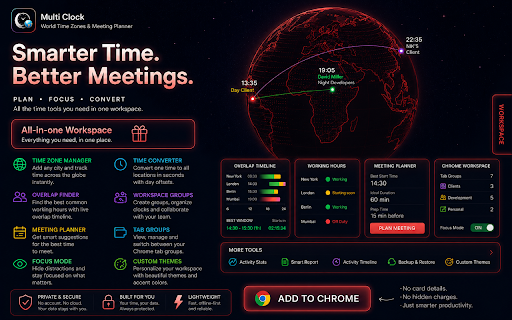 Multi Clock – World Time Zones & Meeting Planner :: Multiple time zones on a live world clock, plus a meeting-overlap finder, working hours, tab groups and focus mode. Offline.