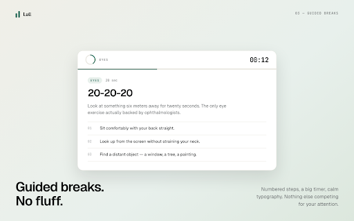 Lull :: Calm break reminders and guided micro-exercises.