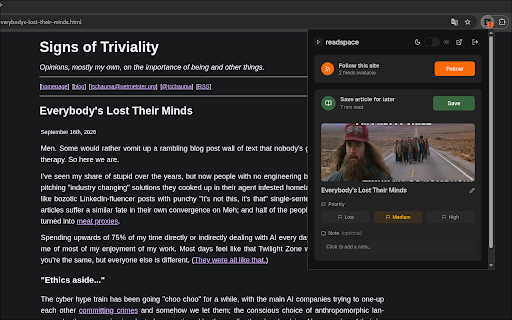 Readspace – RSS Feed Finder & Read Later :: Find and follow RSS or Atom feeds on any website, save articles to read later, and sync everything across web and mobile.